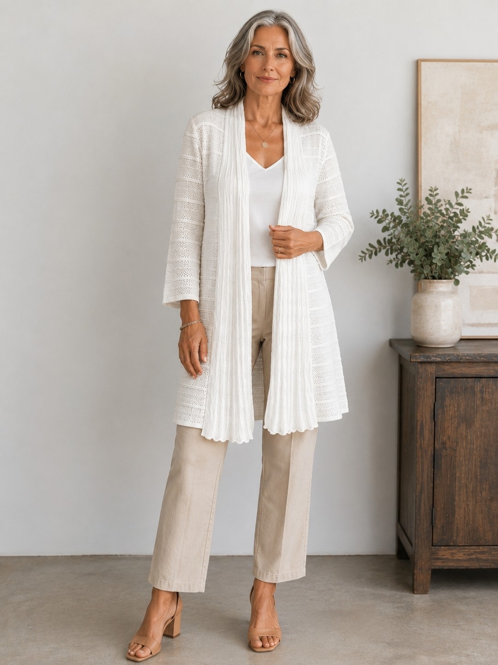 Exclusively Misook Size Medium Ivory Open Front Knit Cardigan Duster Sweater
